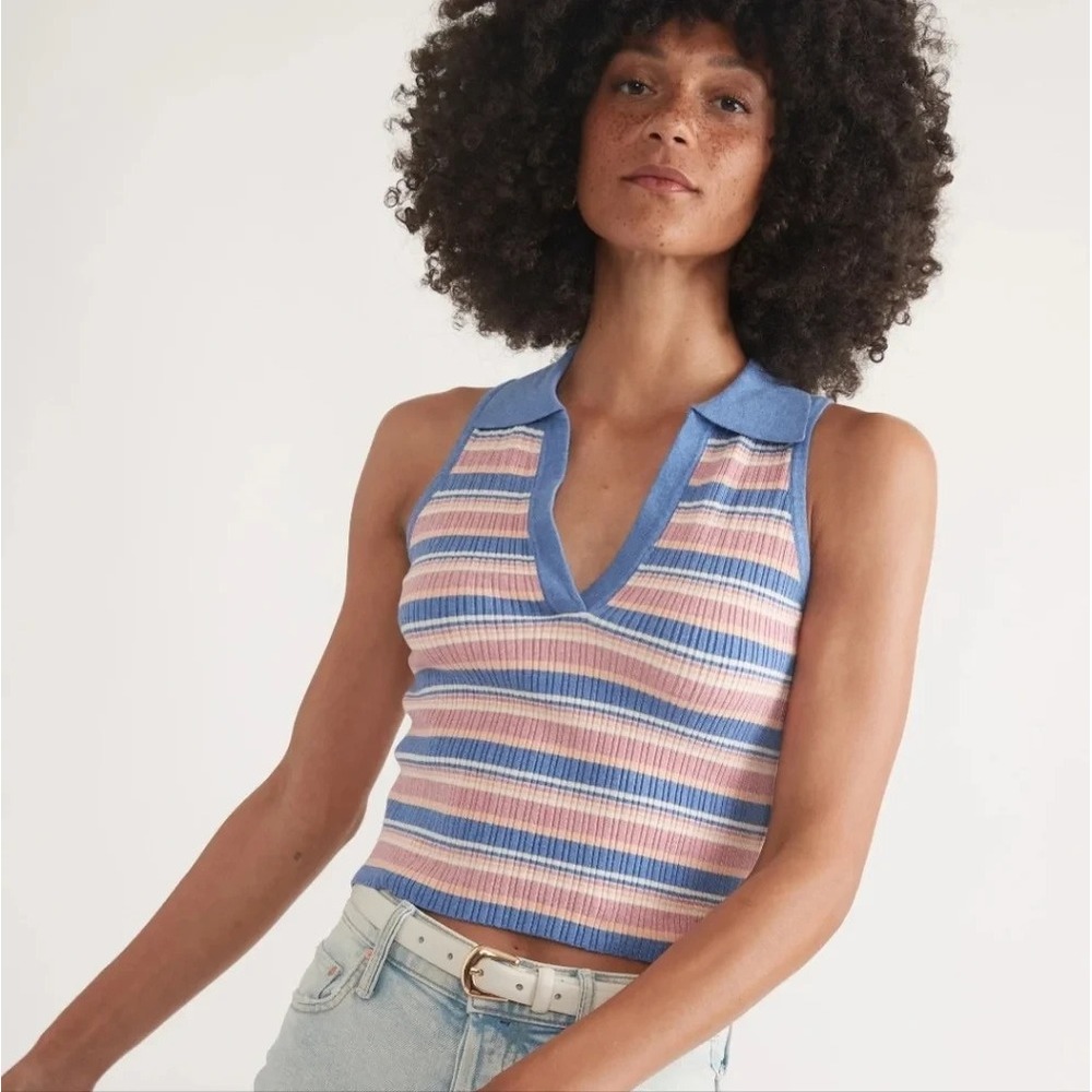 Marine Layer Amelia Rib Sleeveless Polo Top Size XS Striped Indigo
